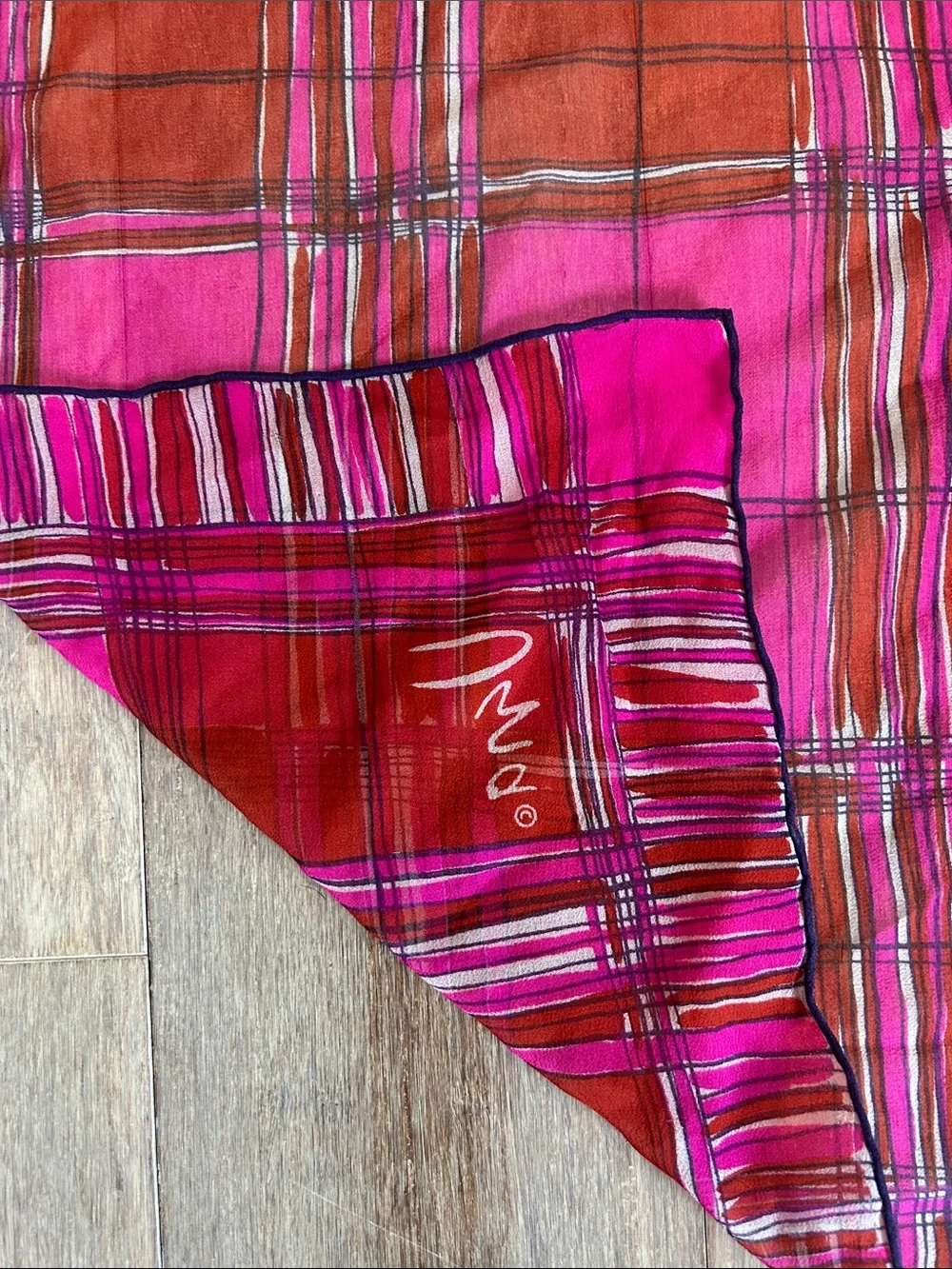 Ugna silk chiffon Vibrant Pink & red Plaid Square Scarf printed look rolled hem